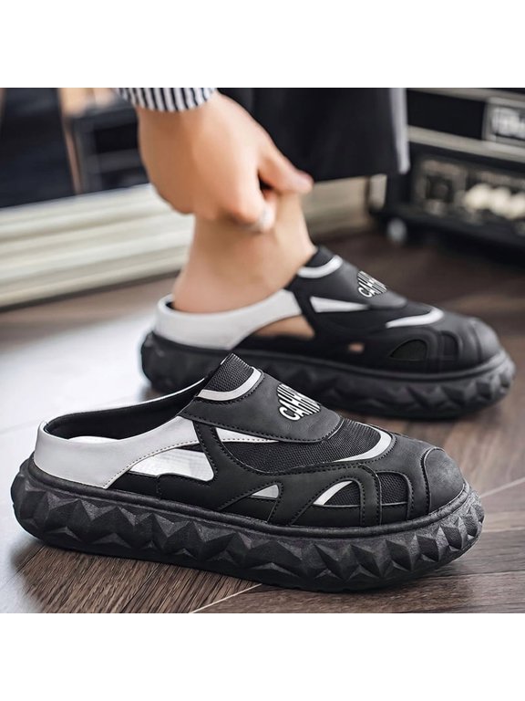 Men's White Hollow Robot Mule Sandals, Closed Toe Slip On Platform Walking Slides Big Sizes 39-45