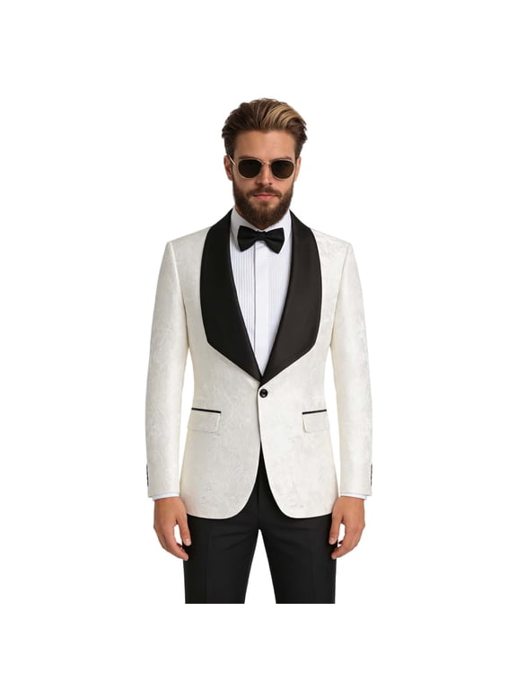 Men's White Jacquard Tuxedo Blazer with Shawl Lapel, Formal Dinner Jacket with Free Bow Tie, Slim Fit Prom Wedding Suit Jacket for Party, Groom, Event