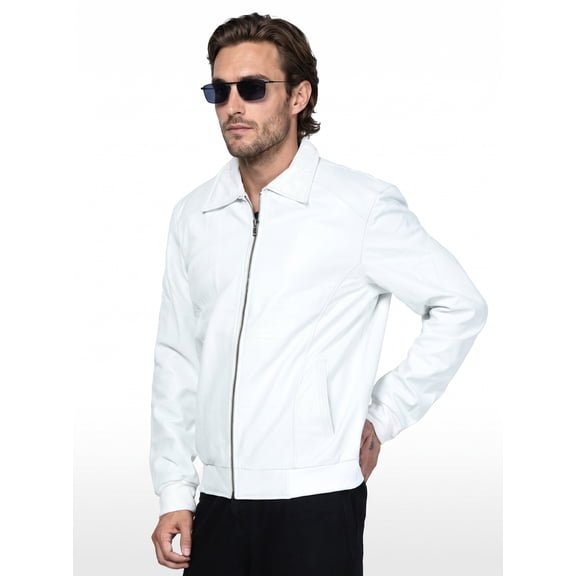 SHARO Men's White Leather Long Sleeve Jacket with Silky Lining