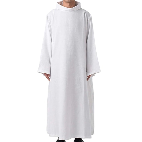 Men's White Long Robe, Standing Collar Clergy with Wide Sleeves, Halloween Priest Outfit