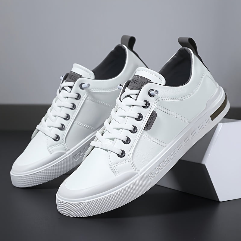 Men's White Low-Top Sneakers with Slip-On/Lightweight Hiking Walking Shoes Suitable for - Casual Wear, Commuting, Urban Outdoor - Solid Color，Lace-Up Closure - Breathable PU Upper & Durable PVC Sole