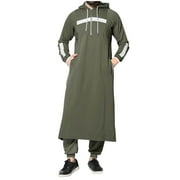 Mens White Muslim Jubba Thobe Long Sleeve Hood Kaftan Long Robe Islam Clothing Army Green L