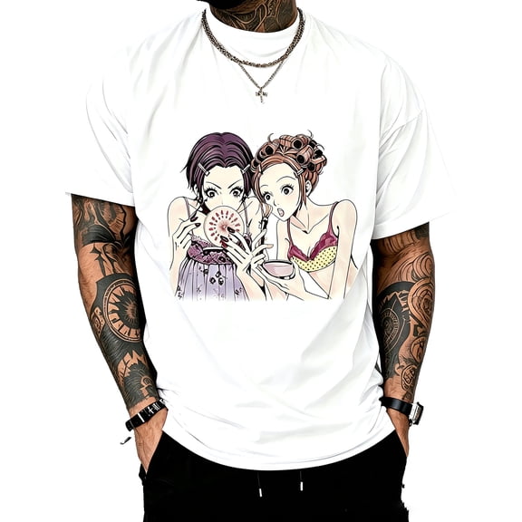 Men's White Oversized Crew Neck Japanese Anime T-Shirt, NANA Character Manga Front Back Graphic Short Sleeve Tee