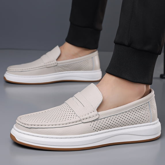 Men's White Perforated Penny Loafers, Slip On Breathable Leather Casual Driving Shoes, Non-Slip Thick Platform Walking Shoes for Business Daily Wear