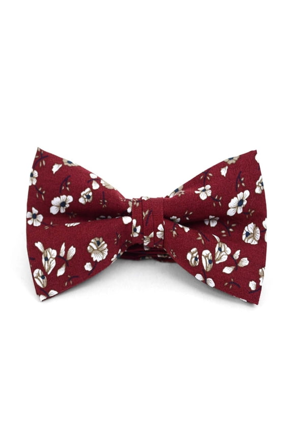 Men’s White Poppies Burgundy Cotton Boxed Banded Bow Tie
