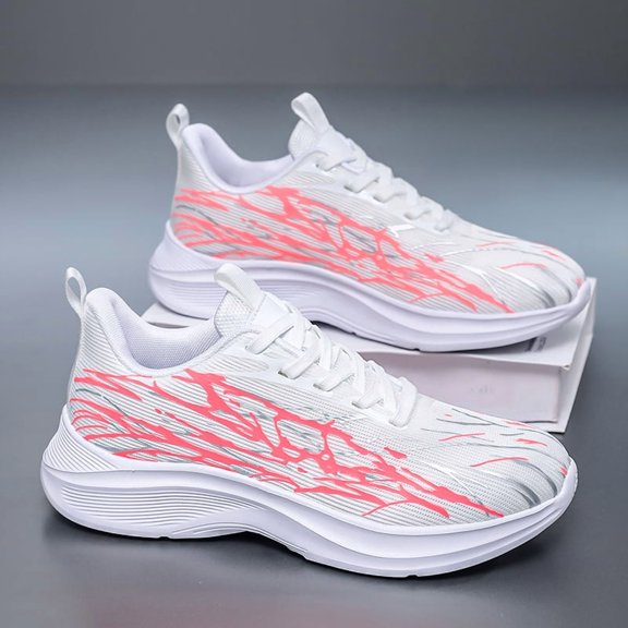 Men's White Red Gradient Mesh Lightweight Lace Up Casual Running Sneakers, Breathable Non-Slip Wide Toe Gym Outdoor Walking Trainers
