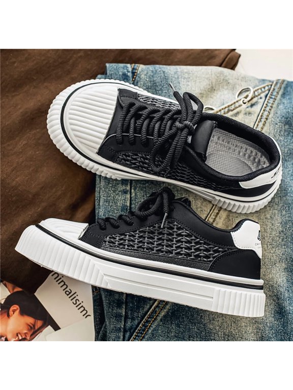 Men's White Red Hollow Mesh Shell Toe Platform Sneakers, Breathable Lace Up Casual Skate Shoes