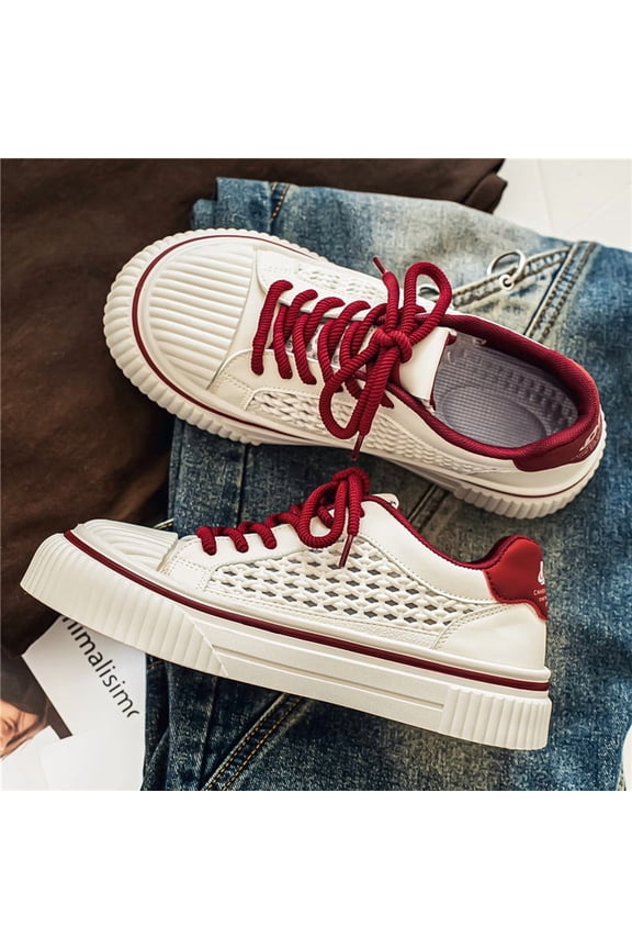 Men's White Red Hollow Mesh Shell Toe Platform Sneakers, Breathable Lace Up Casual Skate Shoes