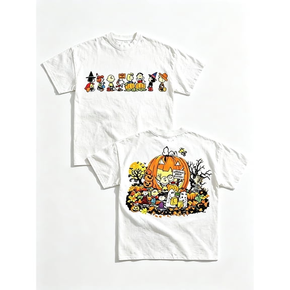 Men's White Relaxed Fit Peanuts Snoopy Halloween Great Pumpkin Graphic Short Sleeve Tee