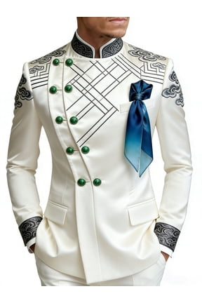 Men's White Satin Stand Collar Blazer, Double-Breasted Chinese Cloud Embroidery Slim Fit Formal Suit Jacket for Groom Groomsman Wedding