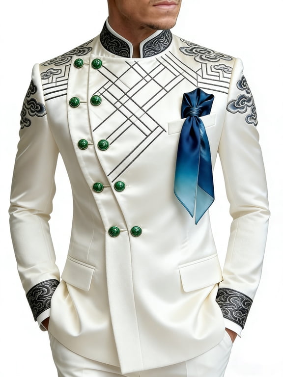 Men's White Satin Stand Collar Blazer, Double-Breasted Chinese Cloud Embroidery Slim Fit Formal Suit Jacket for Groom Groomsman Wedding