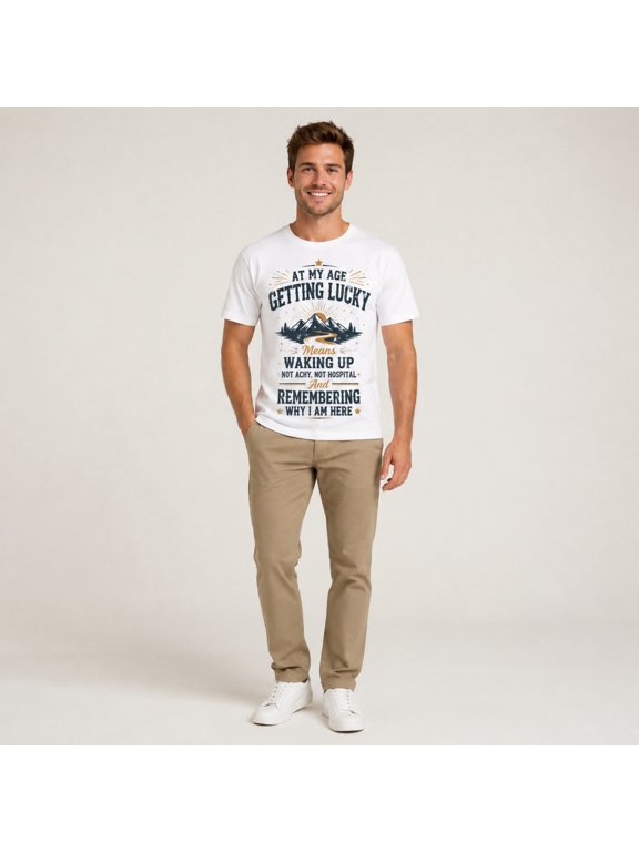 Men's White Short Sleeve Crew Neck T-Shirt, Funny Getting Lucky Aging Quote Mountain Graphic Tee for Casual Summer Outdoor Wear,M,Black A