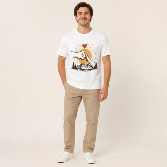 Men's White Short Sleeve Crew Neck T-Shirt with Hand Heart Mountain Sun Graphic for Summer Outdoor Casual Wear