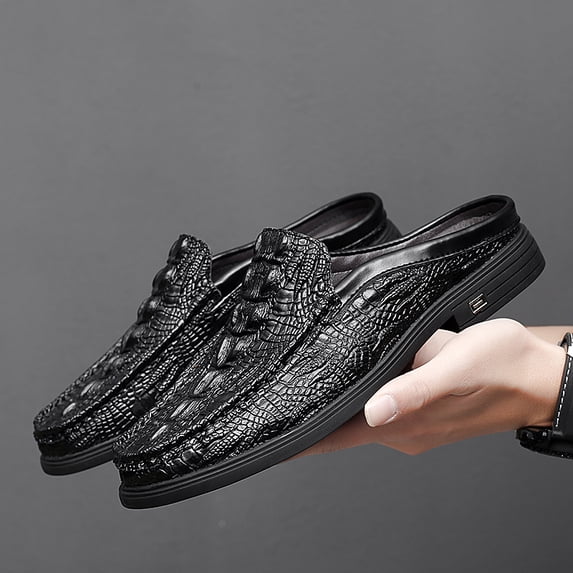Men's White Slip On Backless Mule Loafers, Round Toe Croc Embossed Split Cowhide Flat Casual Leather Shoes, 2026 Spring New Arrival