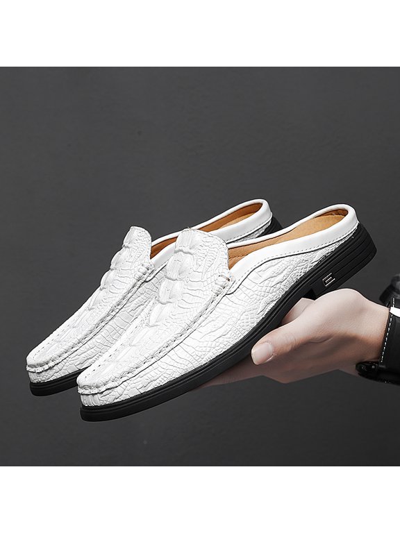 Men's White Slip On Backless Mule Loafers, Round Toe Croc Embossed Split Cowhide Flat Casual Leather Shoes, 2026 Spring New Arrival