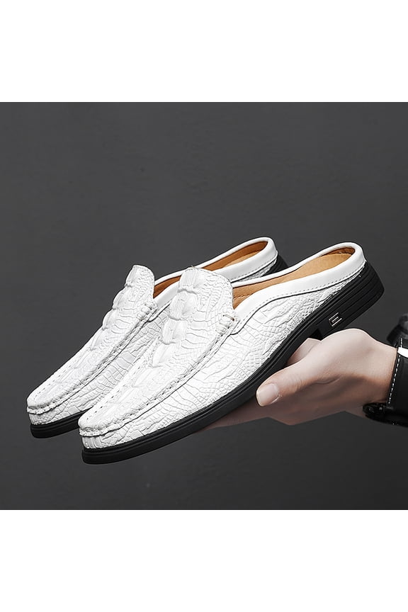 Men's White Slip On Backless Mule Loafers, Round Toe Croc Embossed Split Cowhide Flat Casual Leather Shoes, 2026 Spring New Arrival