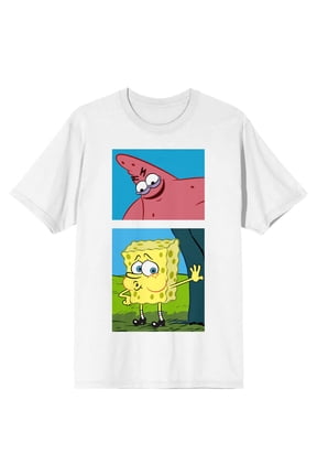 Men's White Spongebob and Patrick Meme Graphic T-shirt-S