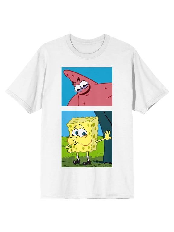 Men's White Spongebob and Patrick Meme Graphic T-shirt-XL