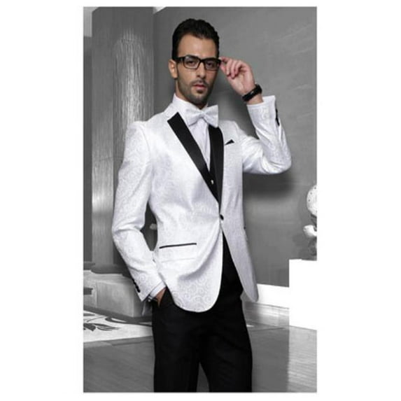 Men's White Sport Coat Black Lapel Floral Shiny Tuxedo Paisley Flashy Satin Stage By Alberto Nardoni Brand Designer