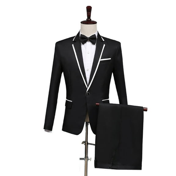Men's White Straight Edge Collar Black Suit Tuxedo Dress (Include Blazer, Pants and Tie, but shoes are not included)