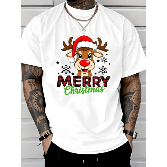 Men's White T-Shirt Graphic Tees "Merry Christmas" Reindeer with Santa Hat Plaid Design Shirts S-5XL Casual Daily Tops