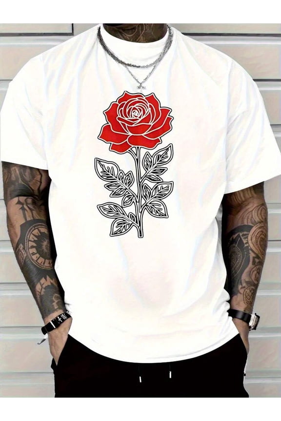 Men's White T-Shirt with Red Rose Chest Print, Retro Streetwear Tee for Casual & Wedding Wear