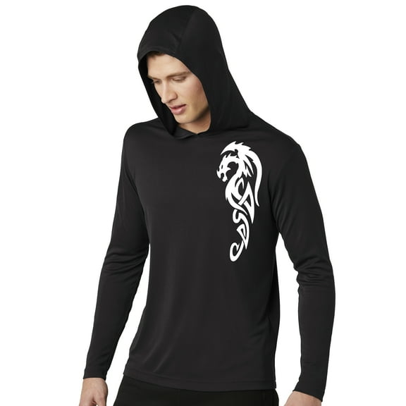 Men's White Tribal Dragon Moisture-Wicking Hoodie Tee - Black, Extra Small