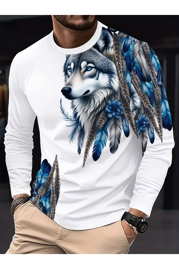 Men's White Wolf and Eagle Print Long Sleeve T-Shirt - Winter Warm Casual Shirt, Blue Cuff Pattern, Crew Neck Regular Fit, Long Sleeve Sweatshirt, Casual Hoodie