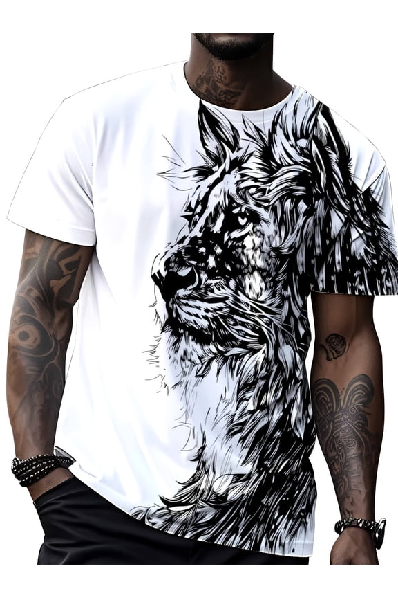 Men's White Wolf Full Body Print T-Shirt - Casual Crew Neck with Wolf Howl Pattern and Design, Machine Washable, Suitable for Hunting, Everyday Wear - Digital Printing Technology