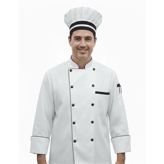 Men's White3/4 Sleeve Chef Coat with Black Trim & Free Chef Cap, Professional Kitchen Uniform Jacket for Restaurant, Bakery & Culinary Professionals, Sizes XS-6XL