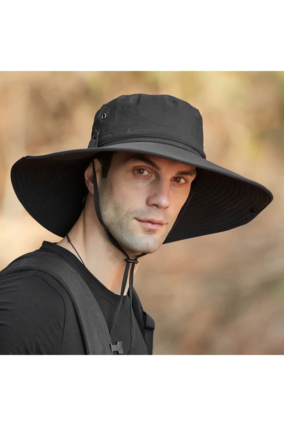 Men's Wide Brim Fisherman Hat, Waterproof and Breathable Sun Hat for Hiking, Outdoor, Fishing, and Beach, Foldable Travel Hat with Neck Cord-Black