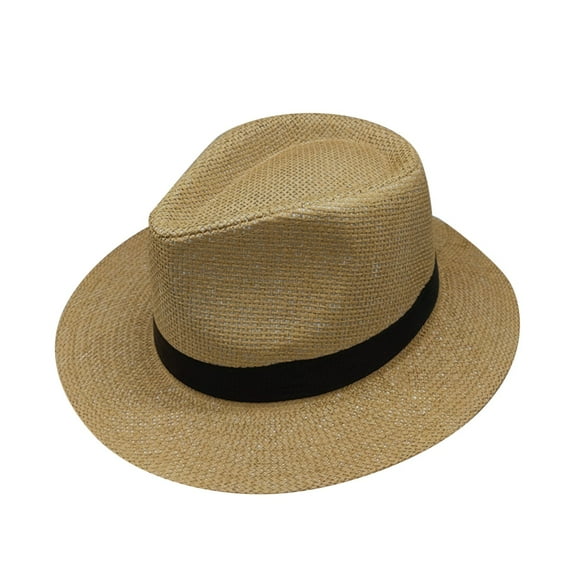 Men's Wide Brim Straw Fedora Hat, Natural Fiber Sun Hat for Summer, Breathable Wide Brim Hat for Sun Protection, Outdoor, Beach, Travel and Daily Casual Wear-Khaki