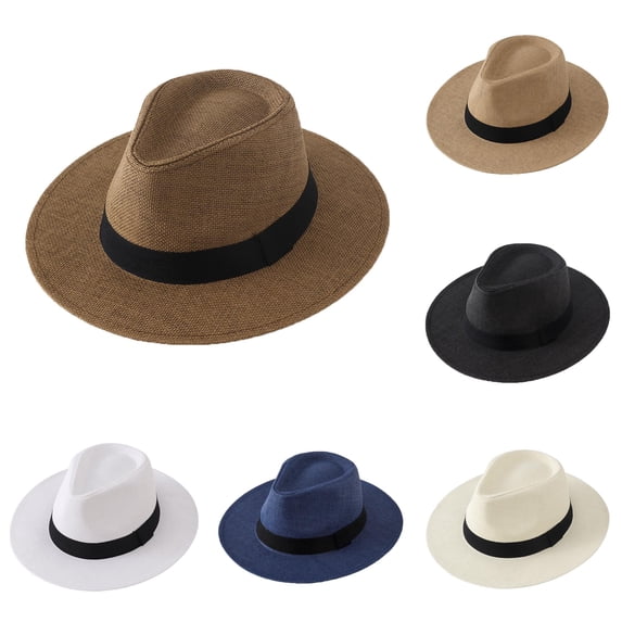 Men's Wide Brim Straw Sun Hat Breathable Summer Beach Outdoor Cowboy Style