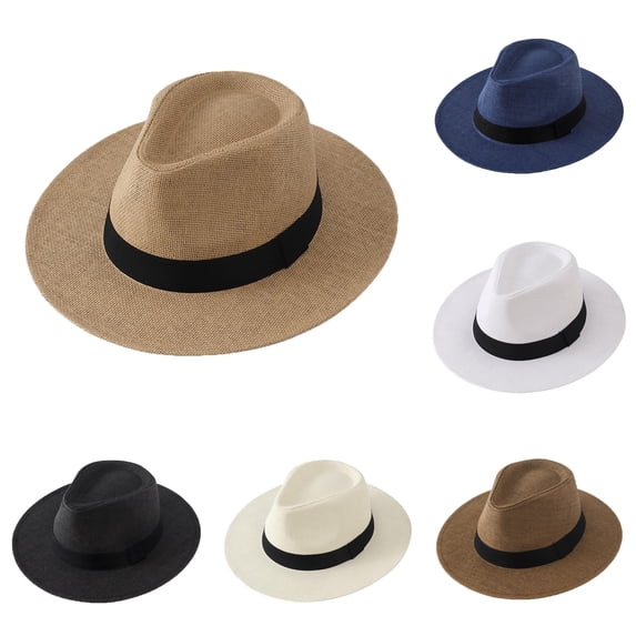 Men's Wide Brim Straw Sun Hat Breathable Summer Beach Outdoor Cowboy Style