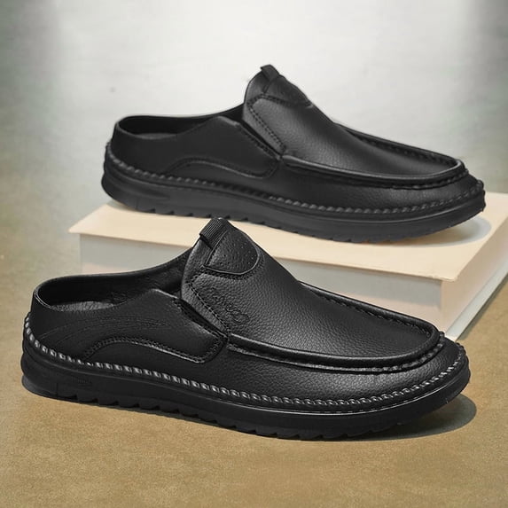 Men's Wide Fit Backless Mule Loafers Slip On Casual Shoes Comfort Non‑Slip Lightweight Half Back Dress Walking Shoes for Daily Wear
