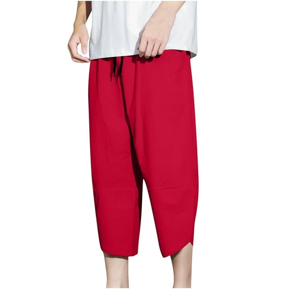 Men's Wide Leg Capris Pants Harem Summer Drawstring Elastic Waist Casual Solid Color Pants Red