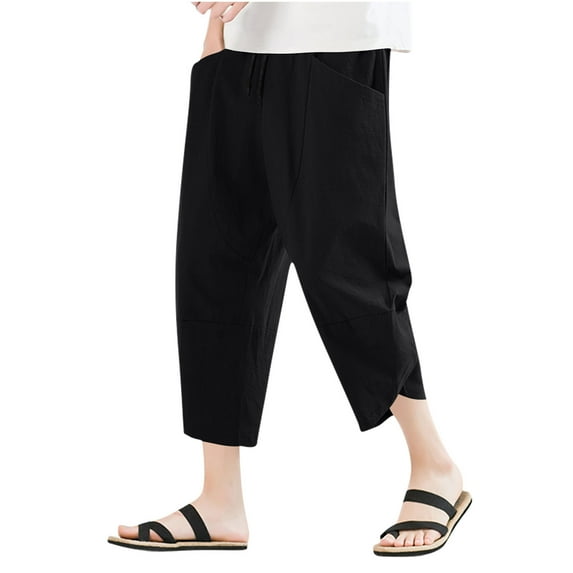 ZQUUVOU Men's Wide Leg Capris Pants Summer Drawstring Elastic Waist Casual Solid Color Pants Black
