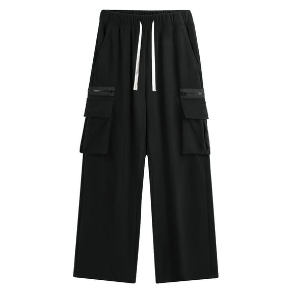 Men's Wide Leg Cargo Pants - Winter Warm Fleece Lined Outdoor Casual Hiking Sweatpants with Multi-Pockets