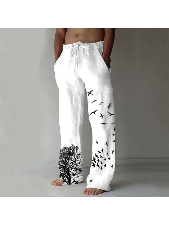 Men's Wide Leg Casual Pants with Flying Birds Art Print Loose Trousers Side Pockets Relaxed Fit Beach Long Bottoms for Summer Daily Wear(White,L)