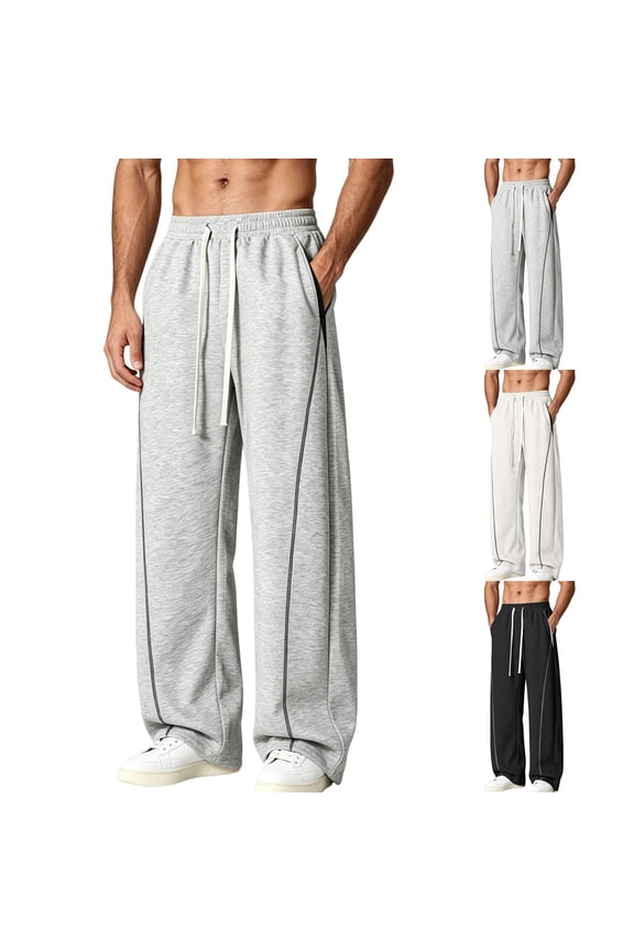 Men's Wide Leg Casual Sweatpants Elastic Waist Drawstring Loose Fit with Pockets Polyester Quick Dry Breathable Joggers for Running Gym Workout Everyday Wear Summer Essentials