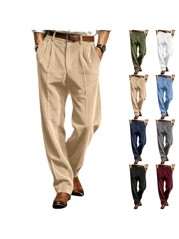 Men's Wide Leg Corduroy Pants Pleated High Waist Casual Trousers For Business Street Travel And Daily Outfits, L