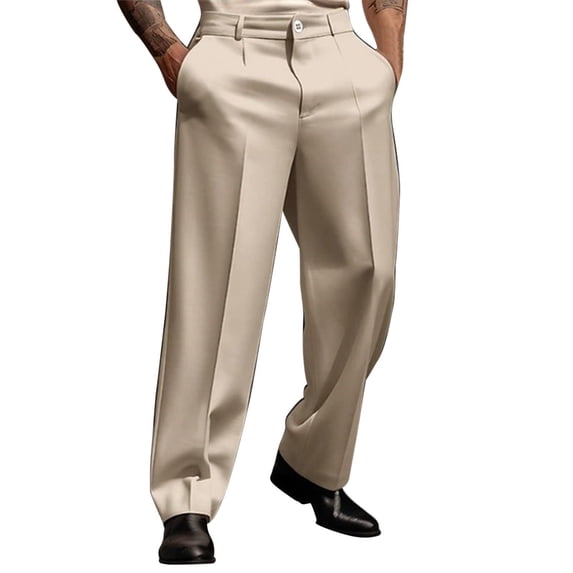 Men's Wide-Leg Dress Pants - Button Waist for Formal-Casual Occasions & Daily Wear Khaki M