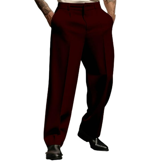 Men's Wide-Leg Dress Pants - Button Waist for Formal-Casual Occasions & Daily Wear Wine 2XL