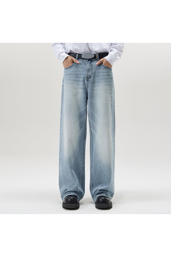 Men's Wide-Leg Jeans Straight Leg Carpenter Denim Pants Loose fit Trousers Multiple Pockets Machine Washable Suit for All Seasons (Light Blue L)