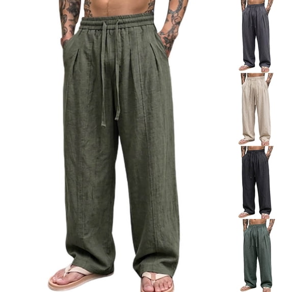 Men's Wide Leg Linen Cotton Pants, Trousers, Joggers, Elastic Waist Drawstring Casual, Lightweight Breathable, Summer Lounge Beach Gym, Streetwear Essentials | JASKFLY,Army Green L