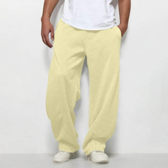 Men's Wide Leg Loose Sweatpants Open Bottom Drawstring Workout Gym Baggy Pants Yellow 2XL