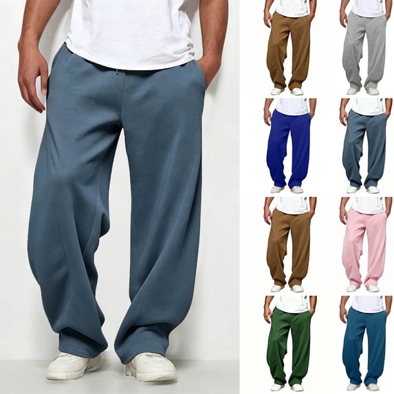 Men's Wide Leg Pants Baggy Polyester Elastic Waist Loose Fit Plain Trousers with Pockets | Zenithor,Sky Blue XL