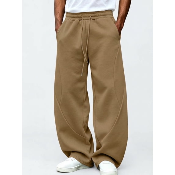 Men's Wide Leg Pants Baggy Polyester Elastic Waist Loose Fit Streetwear Trousers with Pockets | Zenithor,Khaki L
