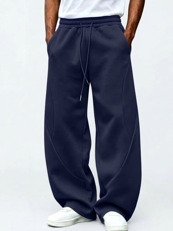 Men's Wide Leg Pants Baggy Polyester Elastic Waist Loose Fit Streetwear Trousers with Pockets | Zenithor,Navy XL
