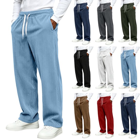 Men's Wide Leg Pants Vertical Striped Corduroy Elastic Drawstring Waist Uncuffed Straight Loose Draped Casual Daily Trousers with Side Pockets